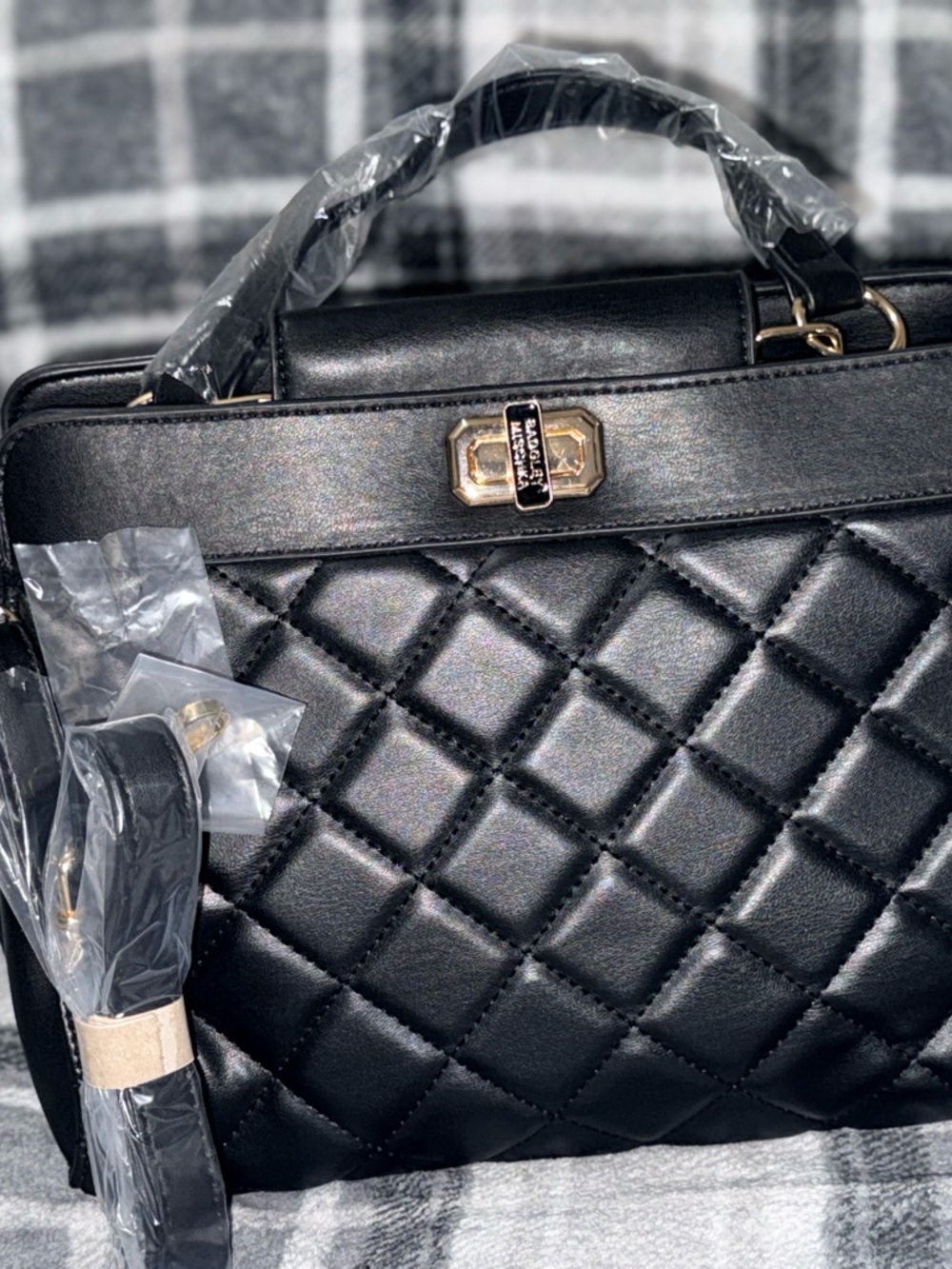 Badgley Mischka Black Quilted Top-Handle Satchel with Gold Hardware